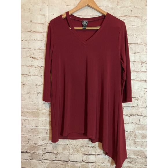 Clara Sun Woo Tops - Clara Sun Woo Tunic Top Womens Small Maroon Asymmetric Cutout Artsy Stretch